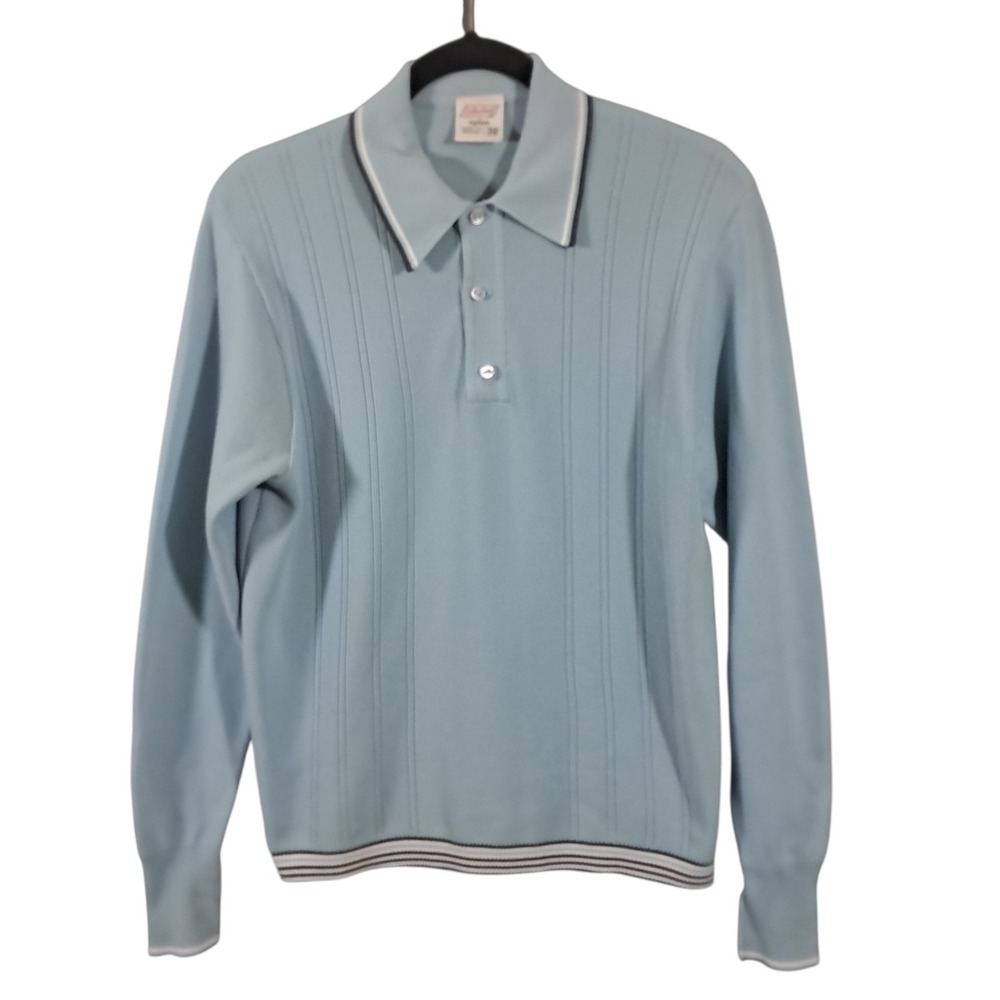 Vintage 60's Knit Polo Sweater St Michale Mens Size Large L/S Blue Lightweight